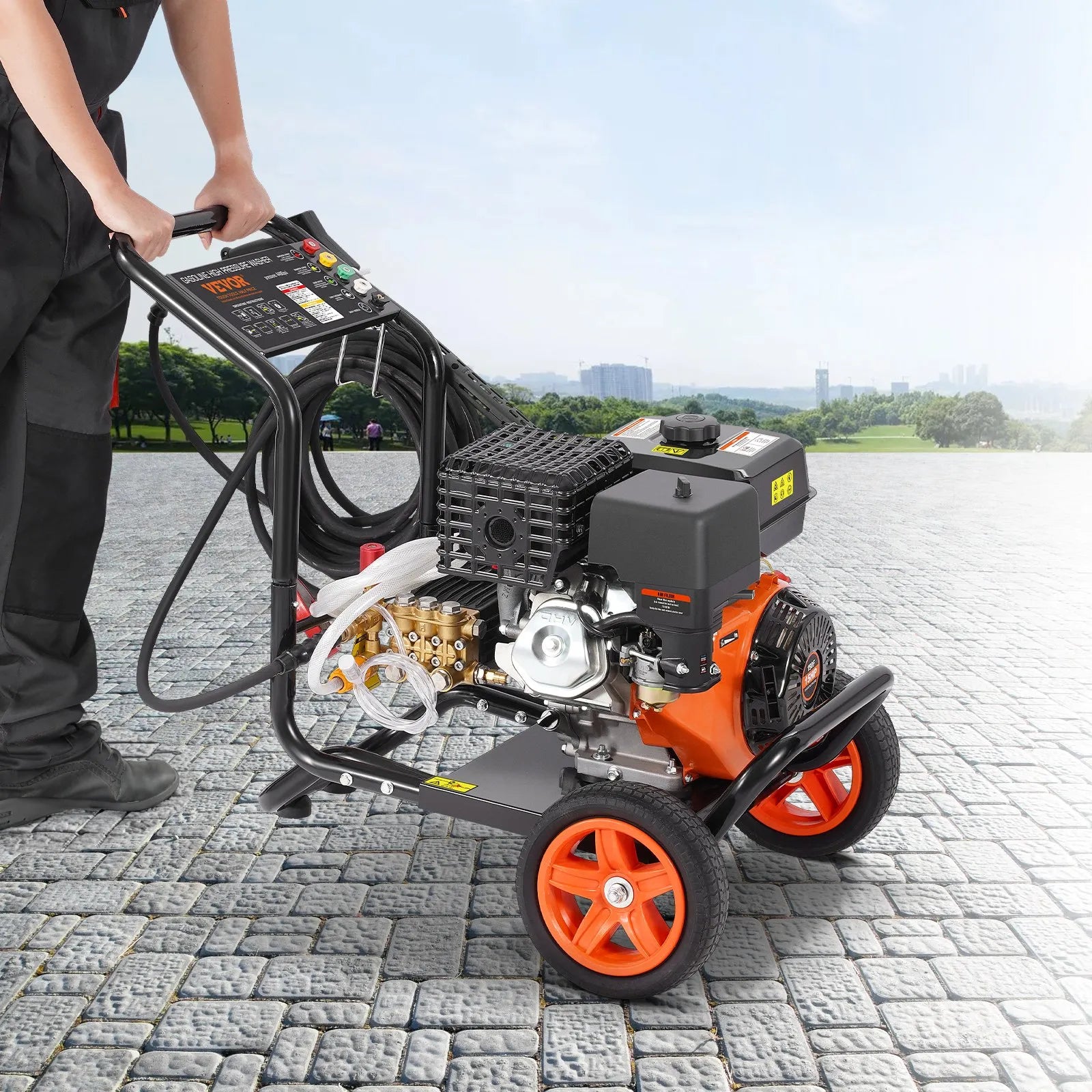 VEVOR benzīna augstspiediena mazgātājs ar 275 bar spiedienu, 15 L/min ūdens plūsmu, vara sūkni, smidzināšanas pistoli un pagarināmo kātu, 5 uzgaļu komplektu automašīnu, žogu, māju, piebraucamo ceļu, terasu un mēbeļu tīrīšanai