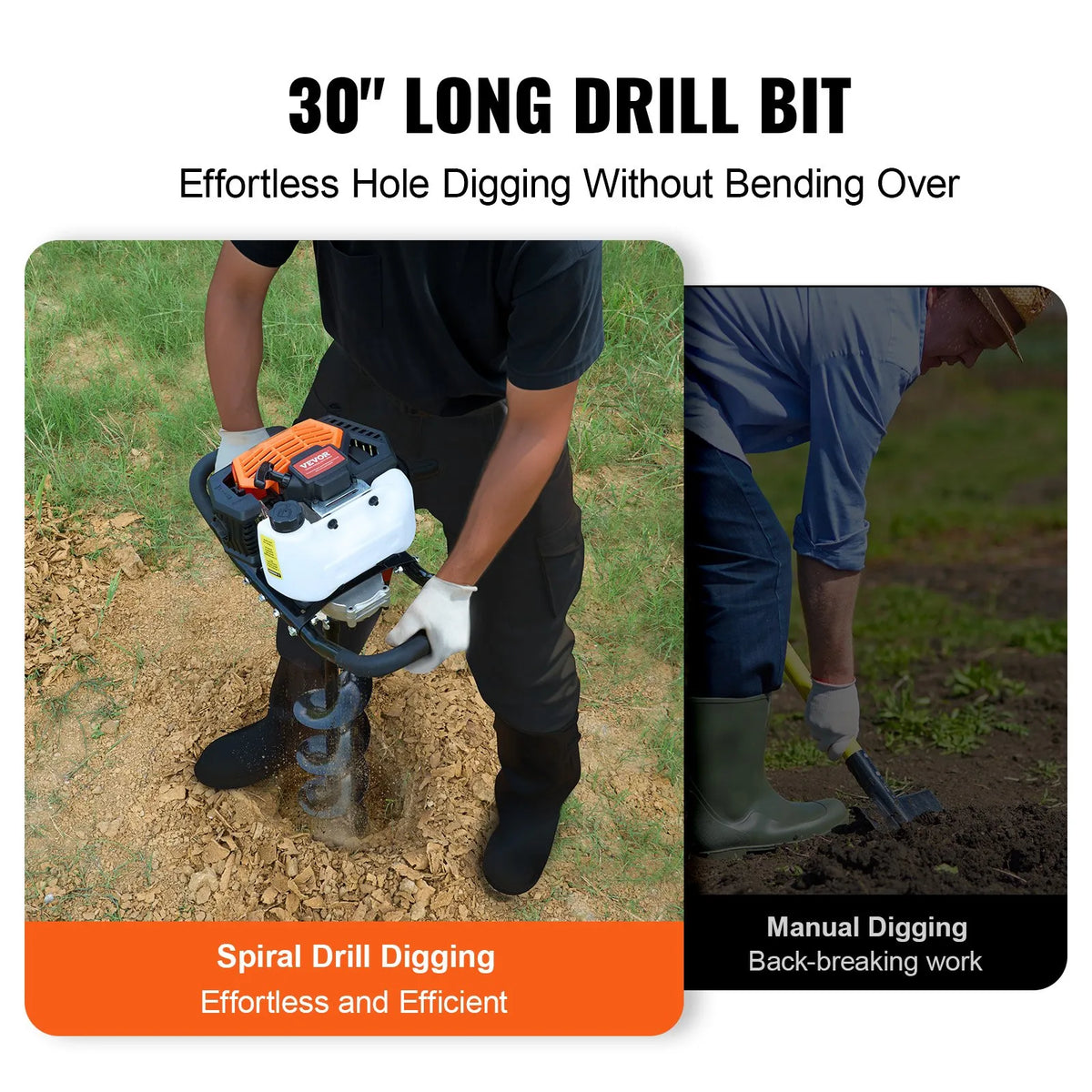 VEVOR Gas-Powered Post Hole Drill, 52CC, 1450W, with 152 mm and 254 mm drill bits and 3 extension rods
