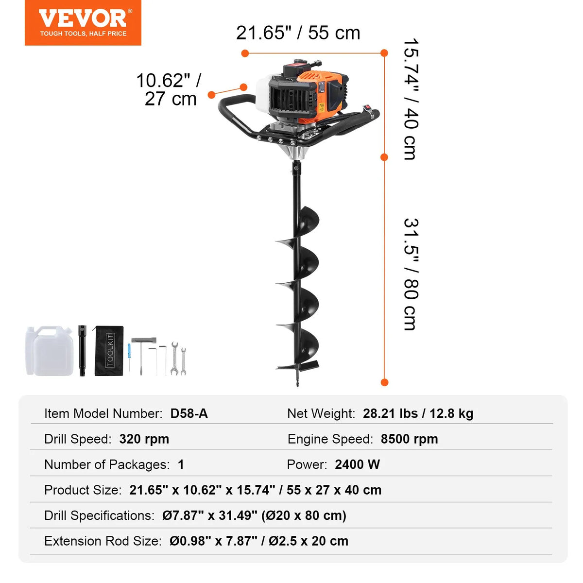 Benzīna bedrīšu rakšanas urbis 63CC 2400W ar 203 mm urbja uzgali un 1 pagarinājuma stieni