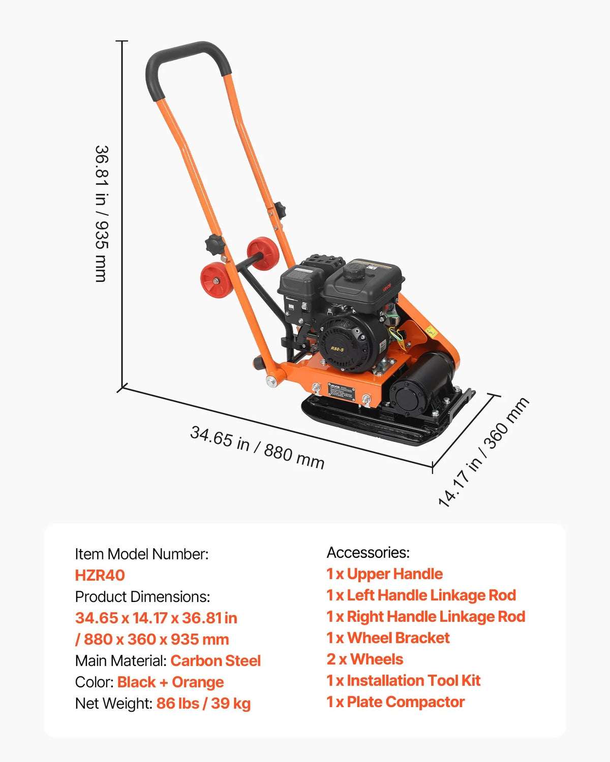 VEVOR vibroplate ar 2 ZS 79 cm³ benzīna dzinēju, 5250 vibrācijas/min, 8 kN blietēšanas spēks, 41 × 31,5 cm plāksne, augsnes blietētājs bruģim, asfaltam, pamatiem un gruntij