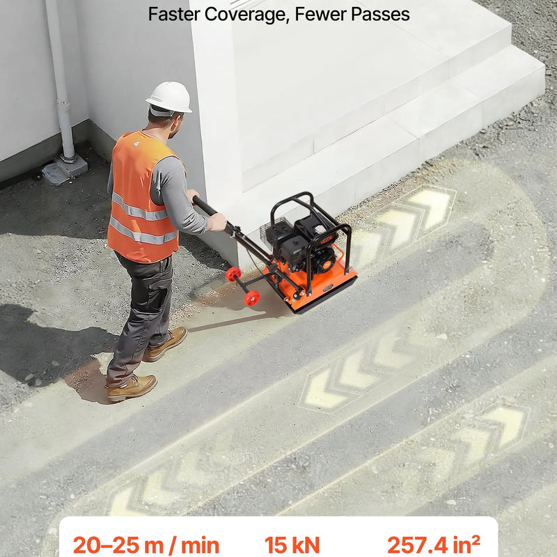 VEVOR vibroplate ar 6,5 ZS 212 cm³ benzīna dzinēju, 6400 vibrācijas/min, 15 kN blietēšanas spēks, 53 × 40 cm plāksne, pašgājēja augsnes blietētājs bruģim, asfaltam, pamatiem un gruntij