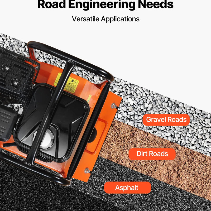 VEVOR vibroplate ar 6,5 ZS 212 cm³ benzīna dzinēju, 6400 vibrācijas/min, 15 kN blietēšanas spēks, 53 × 40 cm plāksne, pašgājēja augsnes blietētājs bruģim, asfaltam, pamatiem un gruntij