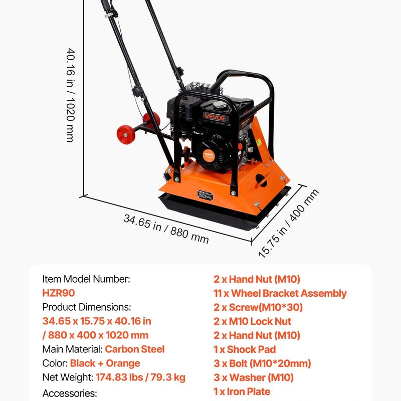 VEVOR vibroplate ar 6,5 ZS 212 cm³ benzīna dzinēju, 6400 vibrācijas/min, 15 kN blietēšanas spēks, 53 × 40 cm plāksne, pašgājēja augsnes blietētājs bruģim, asfaltam, pamatiem un gruntij