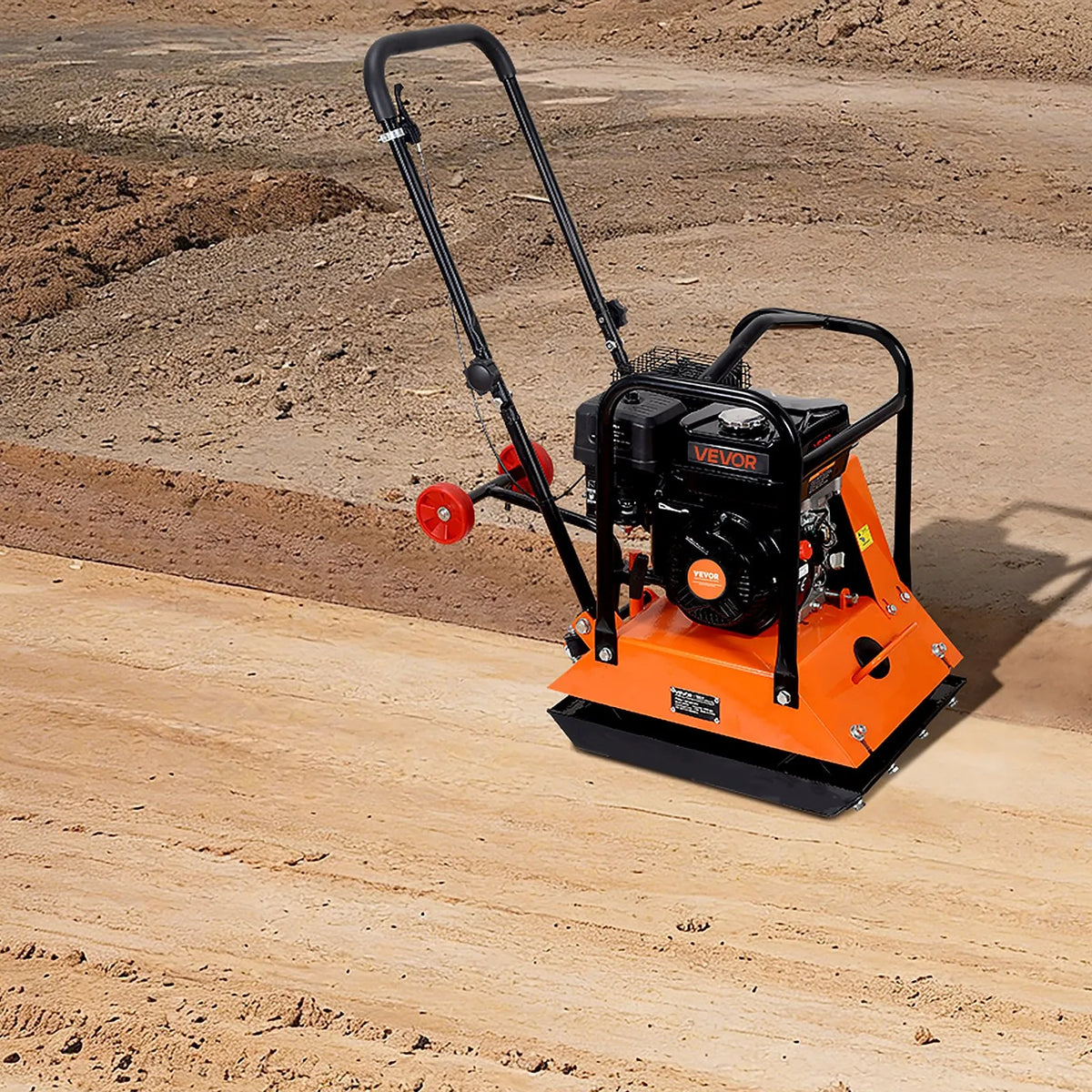 VEVOR vibroplate ar 6,5 ZS 212 cm³ benzīna dzinēju, 6400 vibrācijas/min, 15 kN blietēšanas spēks, 53 × 40 cm plāksne, pašgājēja augsnes blietētājs bruģim, asfaltam, pamatiem un gruntij