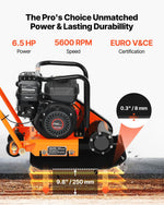 VEVOR vibroplate ar 6,5 ZS 196 cm³ benzīna dzinēju, 5600 vibrācijas/min, 10,5 kN blietēšanas spēks, 51 × 37 cm plāksne, augsnes blietētājs bruģim, asfaltam, pamatiem un gruntij