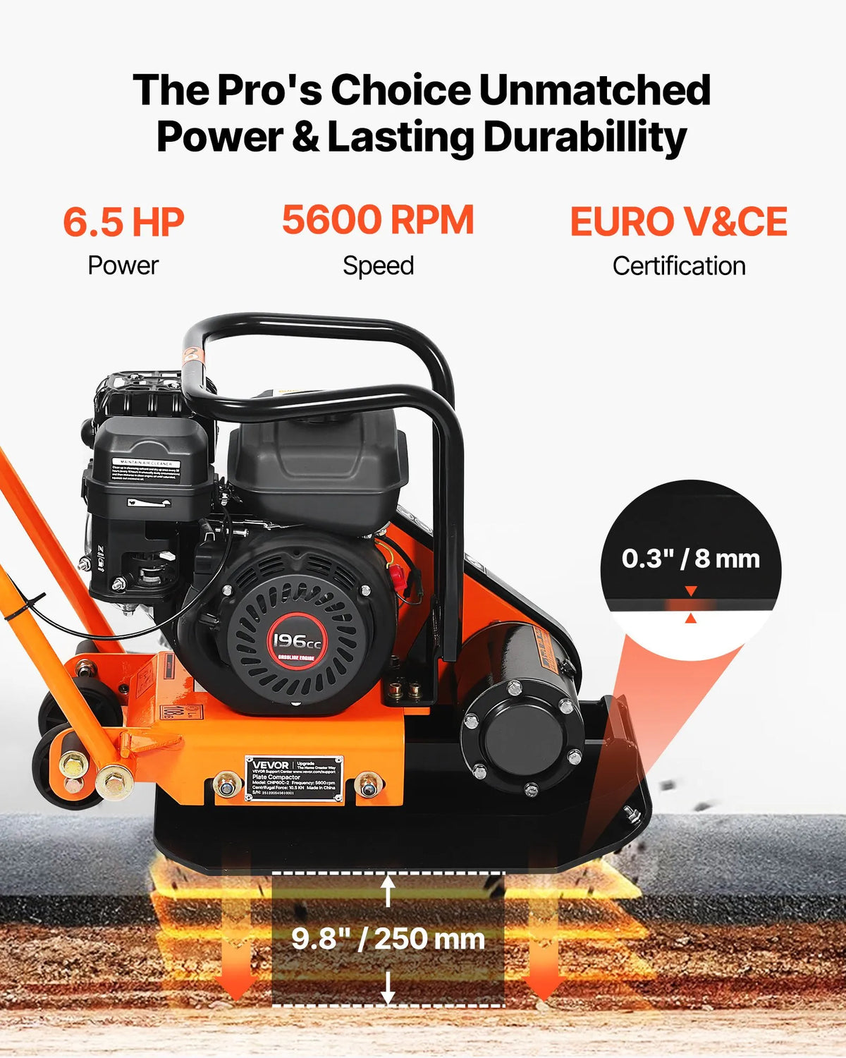VEVOR vibroplate ar 6,5 ZS 196 cm³ benzīna dzinēju, 5600 vibrācijas/min, 10,5 kN blietēšanas spēks, 51 × 37 cm plāksne, augsnes blietētājs bruģim, asfaltam, pamatiem un gruntij