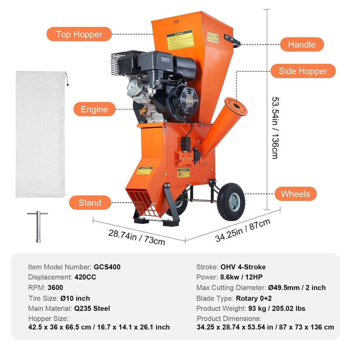 VEVOR smagās klases benzīna šķeldotājs ar 420 cm³ dzinēju, jauda 8,6 kW, maksimālais zaru diametrs 17 cm