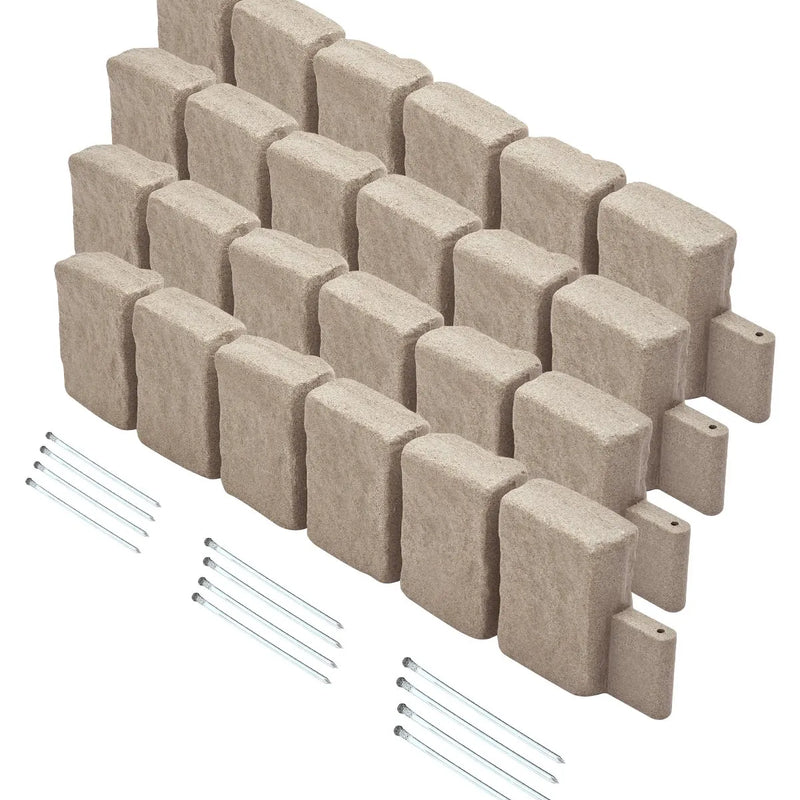 VEVOR dekoratīvā dārza apmale akmens imitācija 119,9 × 22,9 cm, elastīga ķieģeļa izmēra dārza apmale ar stiprinājuma tapām, izbalēšanai izturīga zāliena un dārza apmale piebraucamajiem ceļiem un celiņiem, bēša