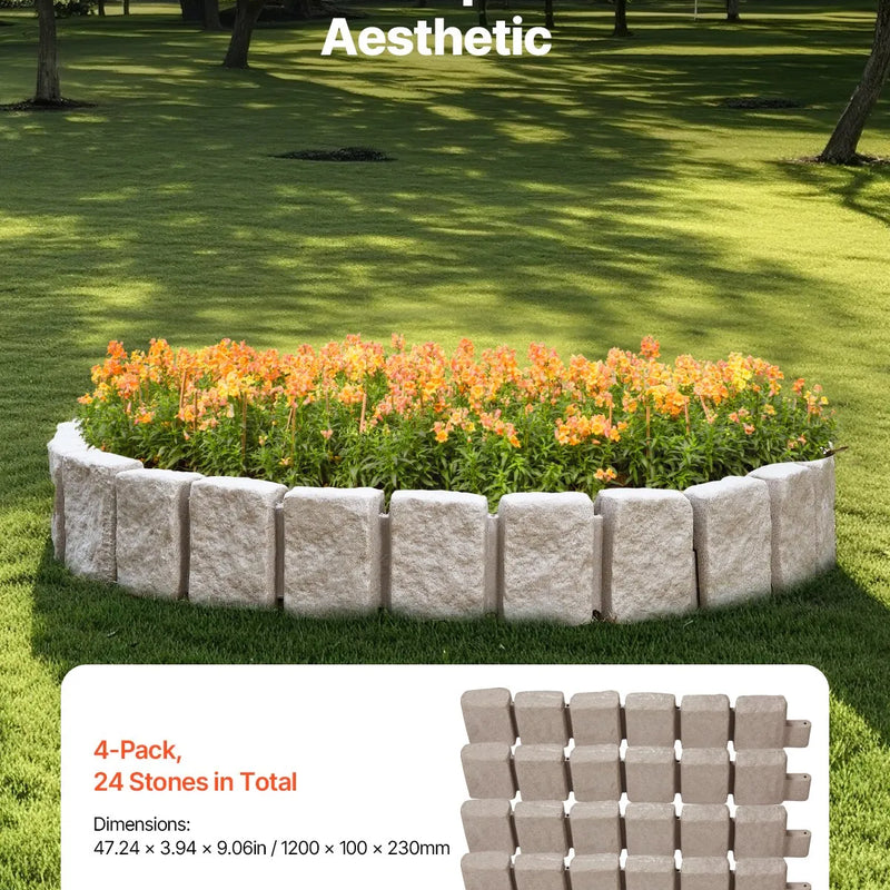 VEVOR dekoratīvā dārza apmale akmens imitācija 119,9 × 22,9 cm, elastīga ķieģeļa izmēra dārza apmale ar stiprinājuma tapām, izbalēšanai izturīga zāliena un dārza apmale piebraucamajiem ceļiem un celiņiem, bēša