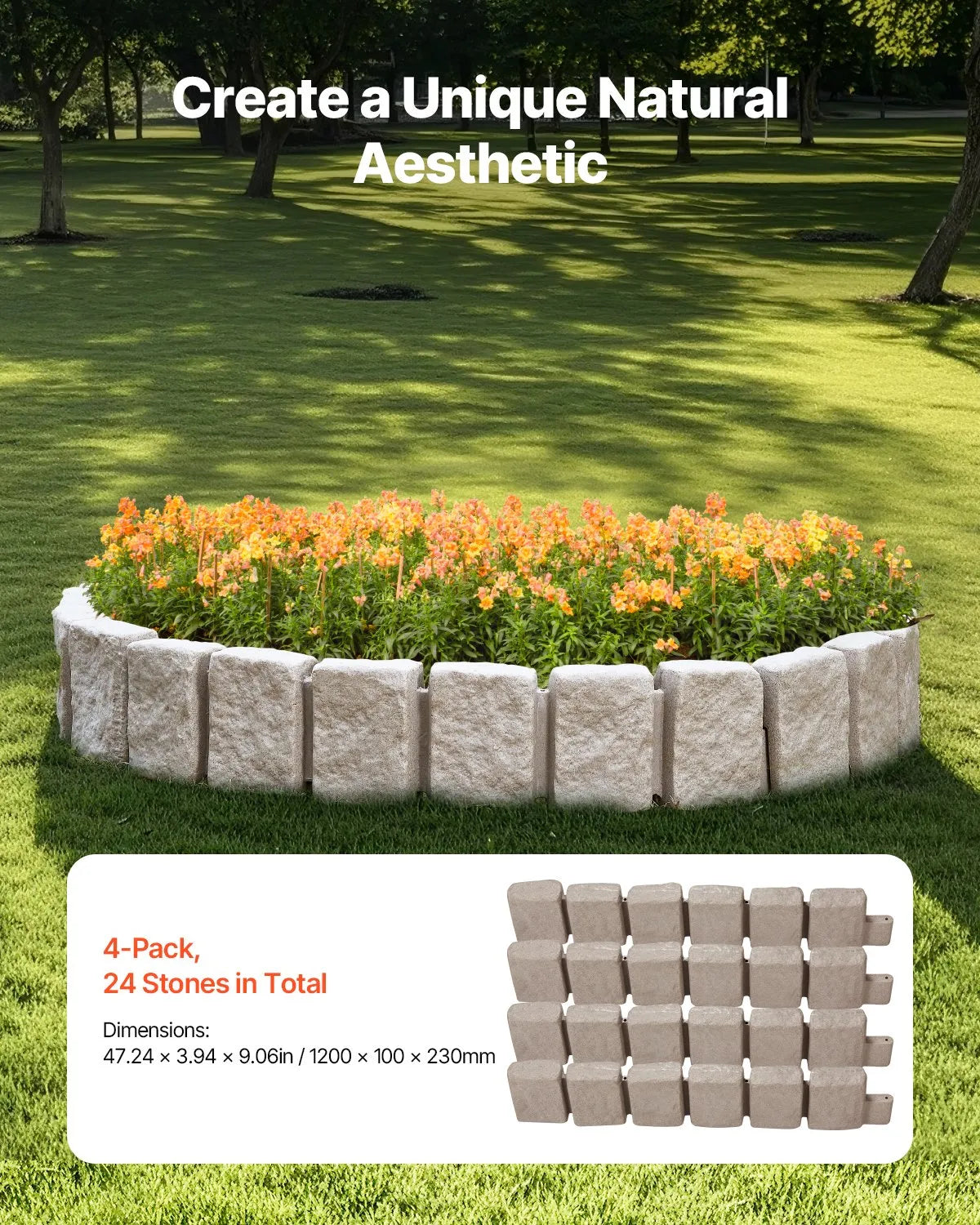 VEVOR dekoratīvā dārza apmale akmens imitācija 119,9 × 22,9 cm, elastīga ķieģeļa izmēra dārza apmale ar stiprinājuma tapām, izbalēšanai izturīga zāliena un dārza apmale piebraucamajiem ceļiem un celiņiem, bēša