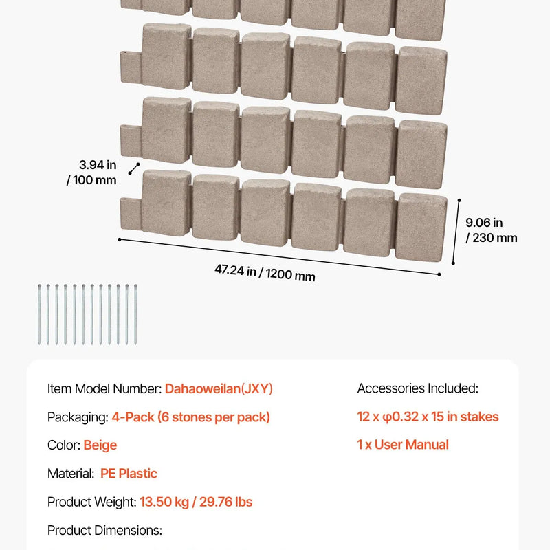VEVOR dekoratīvā dārza apmale akmens imitācija 119,9 × 22,9 cm, elastīga ķieģeļa izmēra dārza apmale ar stiprinājuma tapām, izbalēšanai izturīga zāliena un dārza apmale piebraucamajiem ceļiem un celiņiem, bēša