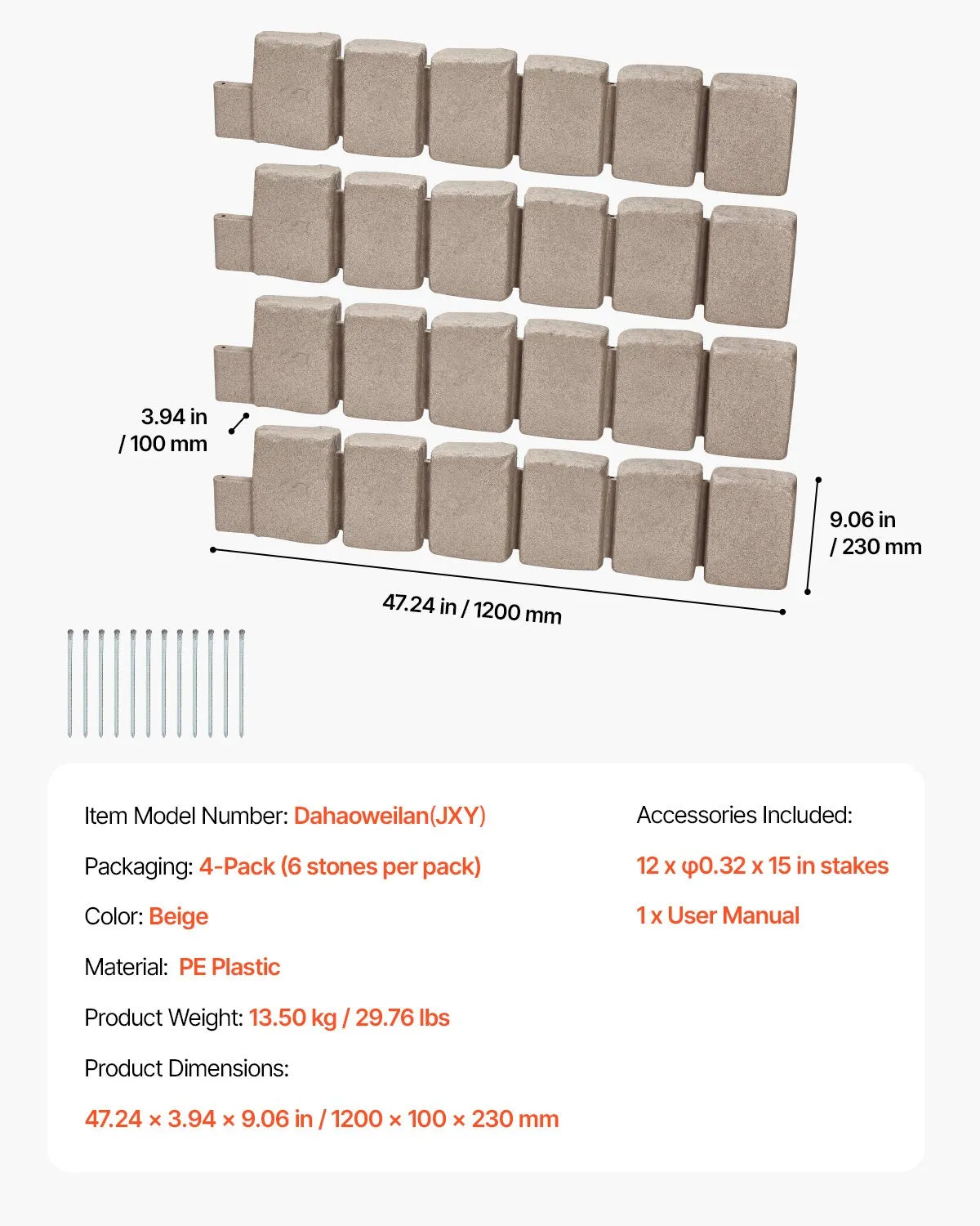 VEVOR dekoratīvā dārza apmale akmens imitācija 119,9 × 22,9 cm, elastīga ķieģeļa izmēra dārza apmale ar stiprinājuma tapām, izbalēšanai izturīga zāliena un dārza apmale piebraucamajiem ceļiem un celiņiem, bēša