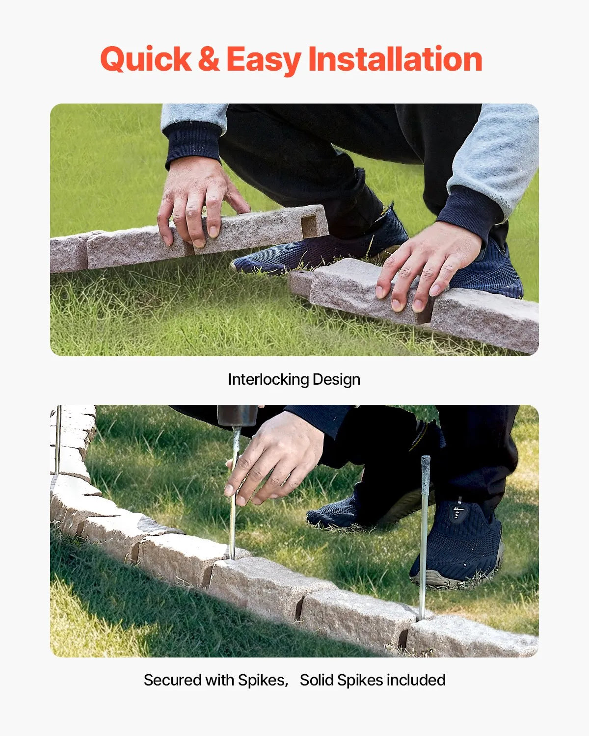 VEVOR dekoratīvā dārza apmale akmens imitācija 117,9 × 5,6 cm, elastīga ķieģeļa izmēra dārza apmale ar stiprinājuma tapām, izbalēšanai izturīga zāliena un dārza apmale piebraucamajiem ceļiem un celiņiem, bēša