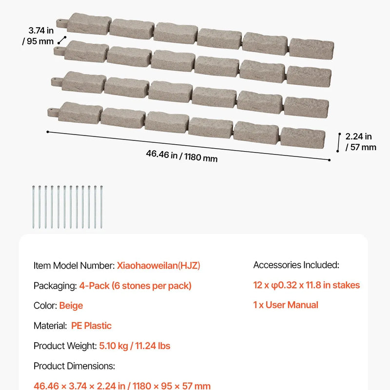 VEVOR dekoratīvā dārza apmale akmens imitācija 117,9 × 5,6 cm, elastīga ķieģeļa izmēra dārza apmale ar stiprinājuma tapām, izbalēšanai izturīga zāliena un dārza apmale piebraucamajiem ceļiem un celiņiem, bēša