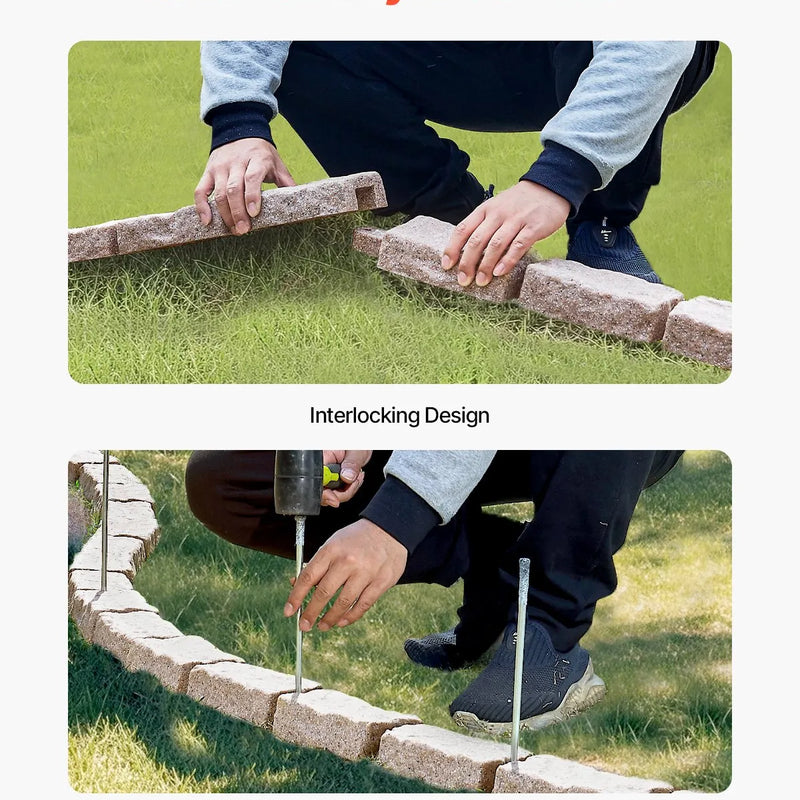 VEVOR dekoratīvā dārza apmale akmens imitācija 117,9 × 5,6 cm, elastīga ķieģeļa izmēra dārza apmale ar stiprinājuma tapām, izbalēšanai izturīga zāliena un dārza apmale piebraucamajiem ceļiem un celiņiem, brūna