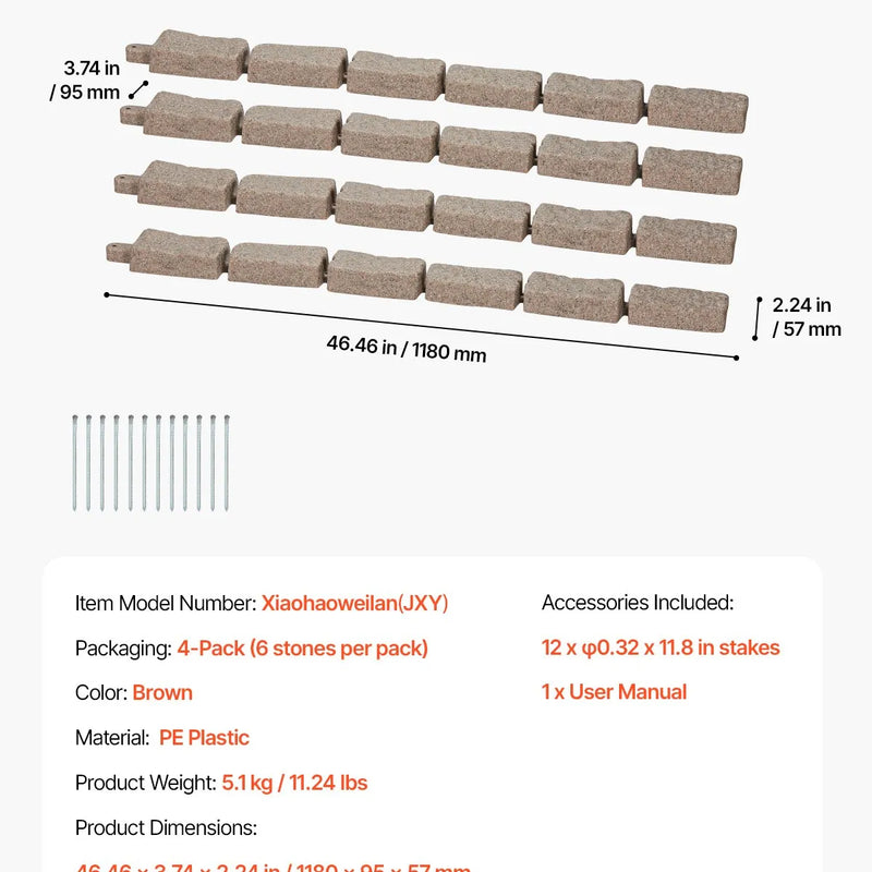 VEVOR dekoratīvā dārza apmale akmens imitācija 117,9 × 5,6 cm, elastīga ķieģeļa izmēra dārza apmale ar stiprinājuma tapām, izbalēšanai izturīga zāliena un dārza apmale piebraucamajiem ceļiem un celiņiem, brūna