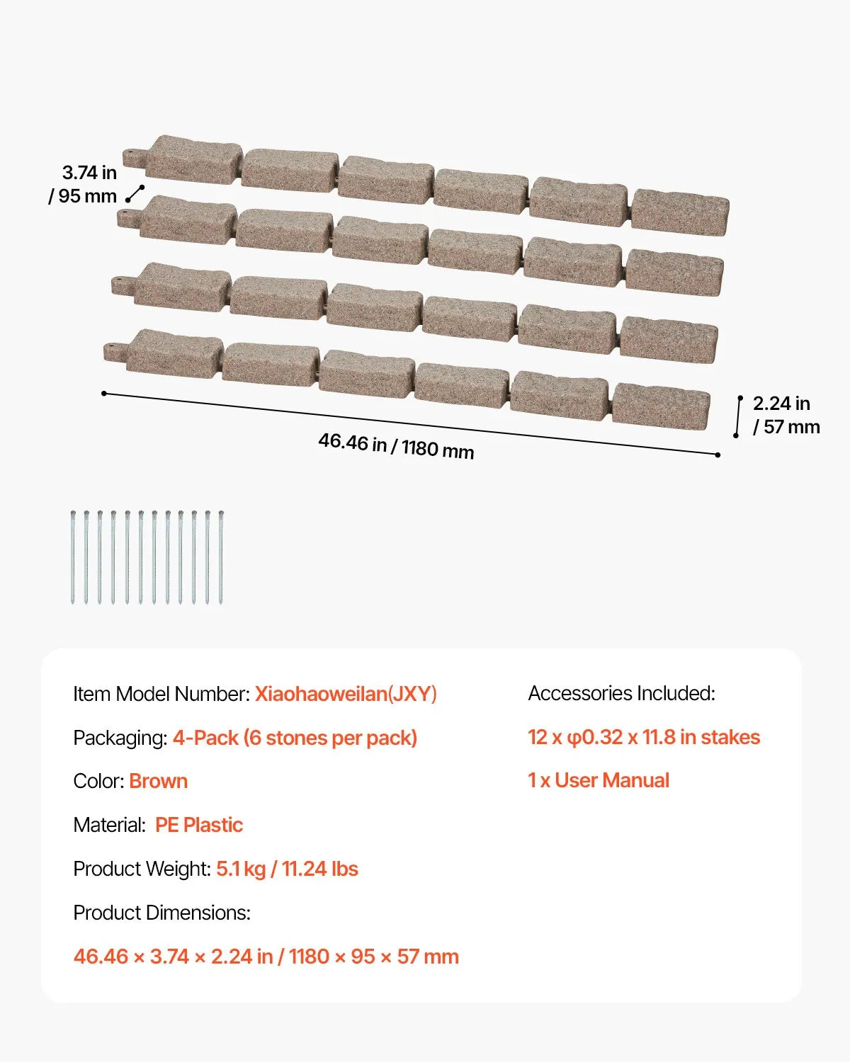 VEVOR dekoratīvā dārza apmale akmens imitācija 117,9 × 5,6 cm, elastīga ķieģeļa izmēra dārza apmale ar stiprinājuma tapām, izbalēšanai izturīga zāliena un dārza apmale piebraucamajiem ceļiem un celiņiem, brūna