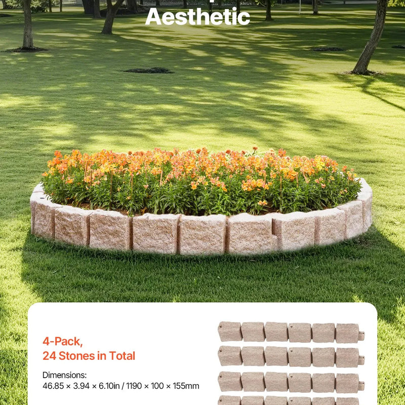 VEVOR dekoratīvā dārza apmale akmens imitācija 118,9 × 9,9 cm, elastīga ķieģeļa izmēra dārza apmale ar stiprinājuma tapām, izbalēšanai izturīga zāliena un dārza apmale piebraucamajiem ceļiem un celiņiem, bēša