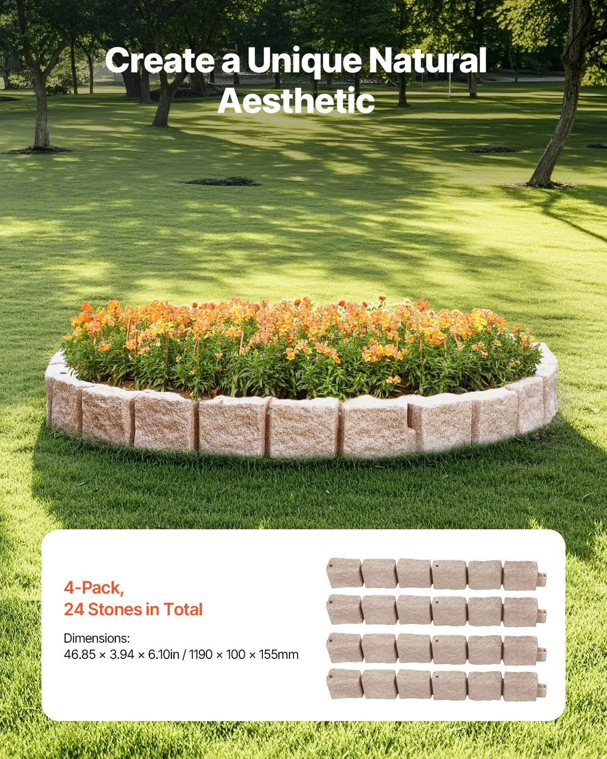 VEVOR dekoratīvā dārza apmale akmens imitācija 118,9 × 9,9 cm, elastīga ķieģeļa izmēra dārza apmale ar stiprinājuma tapām, izbalēšanai izturīga zāliena un dārza apmale piebraucamajiem ceļiem un celiņiem, bēša
