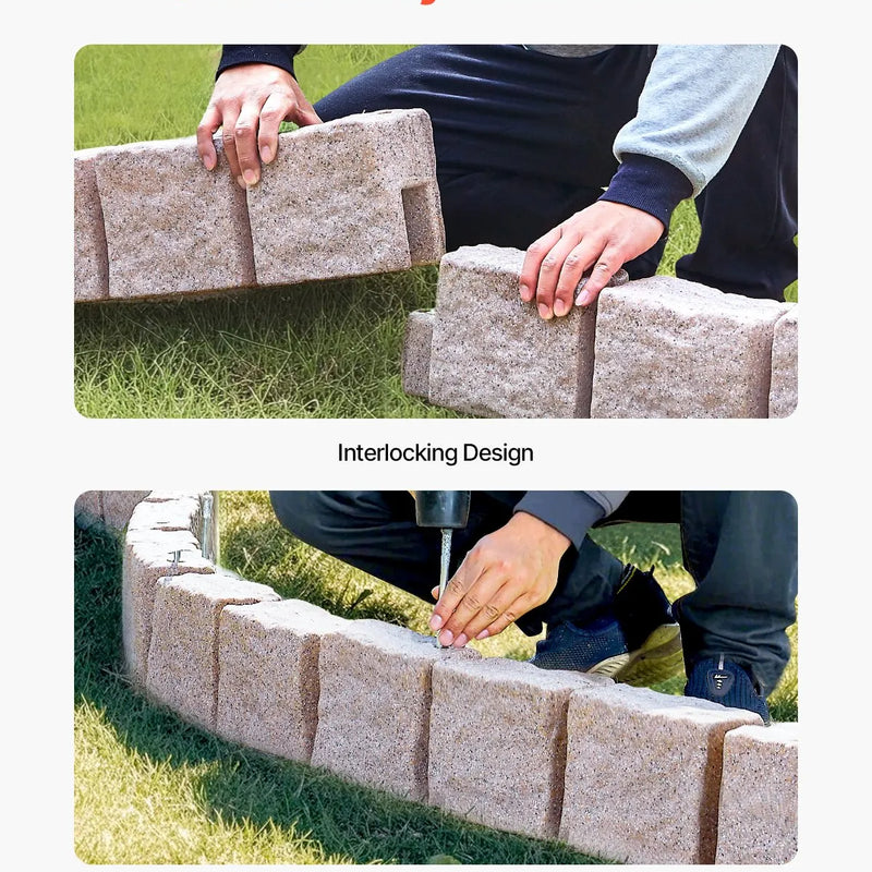 VEVOR dekoratīvā dārza apmale akmens imitācija 118,9 × 9,9 cm, elastīga ķieģeļa izmēra dārza apmale ar stiprinājuma tapām, izbalēšanai izturīga zāliena un dārza apmale piebraucamajiem ceļiem un celiņiem, bēša