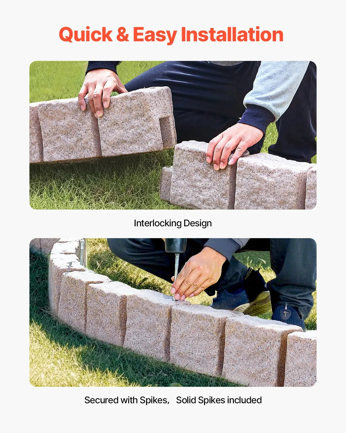 VEVOR dekoratīvā dārza apmale akmens imitācija 118,9 × 9,9 cm, elastīga ķieģeļa izmēra dārza apmale ar stiprinājuma tapām, izbalēšanai izturīga zāliena un dārza apmale piebraucamajiem ceļiem un celiņiem, bēša