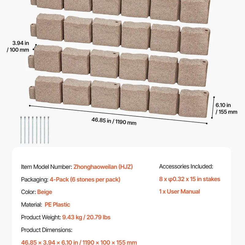 VEVOR dekoratīvā dārza apmale akmens imitācija 118,9 × 9,9 cm, elastīga ķieģeļa izmēra dārza apmale ar stiprinājuma tapām, izbalēšanai izturīga zāliena un dārza apmale piebraucamajiem ceļiem un celiņiem, bēša