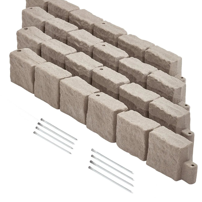 VEVOR dekoratīvā dārza apmale akmens imitācija 118,9 × 9,9 cm, elastīga ķieģeļa izmēra dārza apmale ar stiprinājuma tapām, izbalēšanai izturīga zāliena un dārza apmale piebraucamajiem ceļiem un celiņiem, brūna