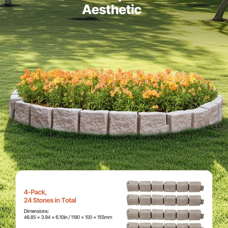 VEVOR dekoratīvā dārza apmale akmens imitācija 118,9 × 9,9 cm, elastīga ķieģeļa izmēra dārza apmale ar stiprinājuma tapām, izbalēšanai izturīga zāliena un dārza apmale piebraucamajiem ceļiem un celiņiem, brūna