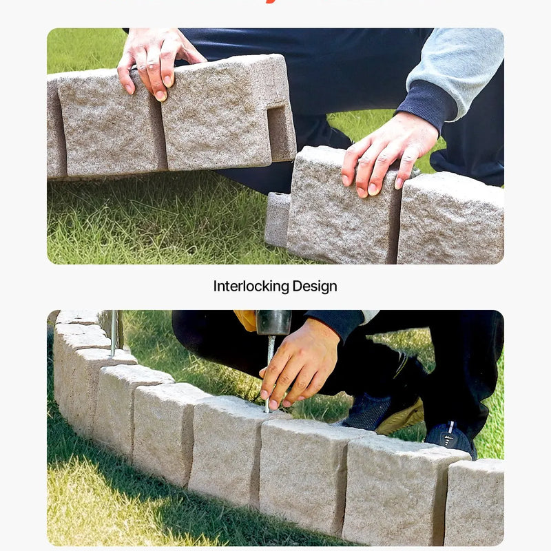 VEVOR dekoratīvā dārza apmale akmens imitācija 118,9 × 9,9 cm, elastīga ķieģeļa izmēra dārza apmale ar stiprinājuma tapām, izbalēšanai izturīga zāliena un dārza apmale piebraucamajiem ceļiem un celiņiem, brūna