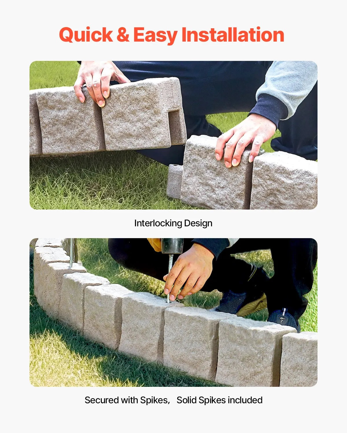 VEVOR dekoratīvā dārza apmale akmens imitācija 118,9 × 9,9 cm, elastīga ķieģeļa izmēra dārza apmale ar stiprinājuma tapām, izbalēšanai izturīga zāliena un dārza apmale piebraucamajiem ceļiem un celiņiem, brūna