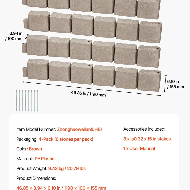 VEVOR dekoratīvā dārza apmale akmens imitācija 118,9 × 9,9 cm, elastīga ķieģeļa izmēra dārza apmale ar stiprinājuma tapām, izbalēšanai izturīga zāliena un dārza apmale piebraucamajiem ceļiem un celiņiem, brūna