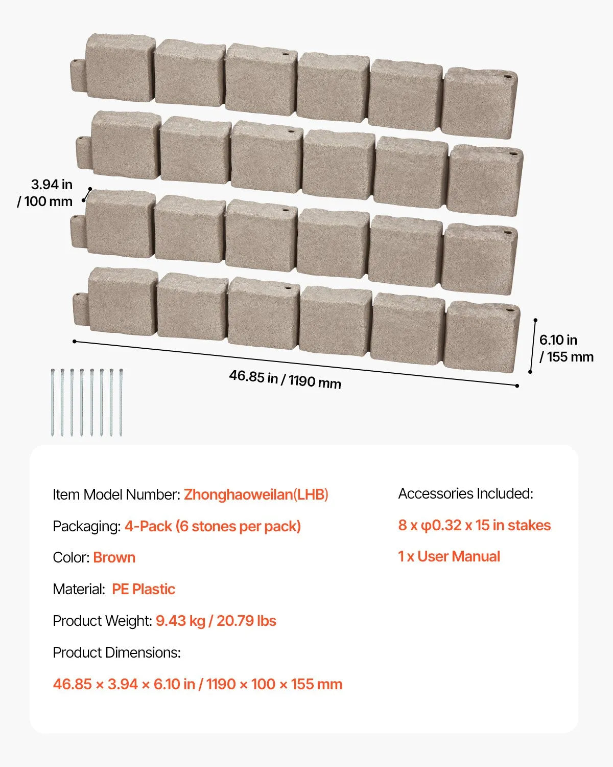 VEVOR dekoratīvā dārza apmale akmens imitācija 118,9 × 9,9 cm, elastīga ķieģeļa izmēra dārza apmale ar stiprinājuma tapām, izbalēšanai izturīga zāliena un dārza apmale piebraucamajiem ceļiem un celiņiem, brūna