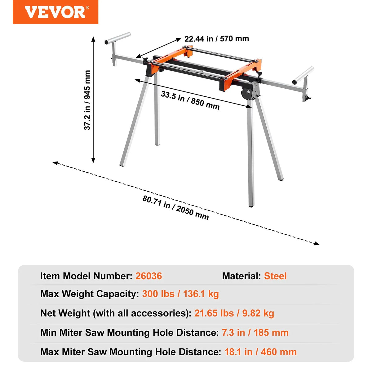 VEVOR leņķzāģa statīvs, salokāms, tērauda konstrukcija, 136 kg slodzes kapacitāte