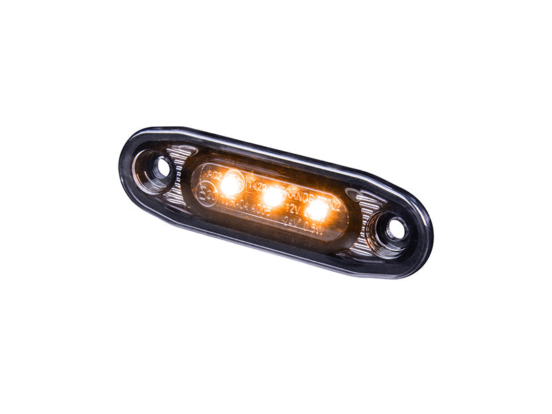 STRANDS Dark Knight – LED sānu gabarītlukturis īpaši plāns, dzintara, 12–24 V, IP66/68, ECE R91/R10, 79 × 25 × 15 mm