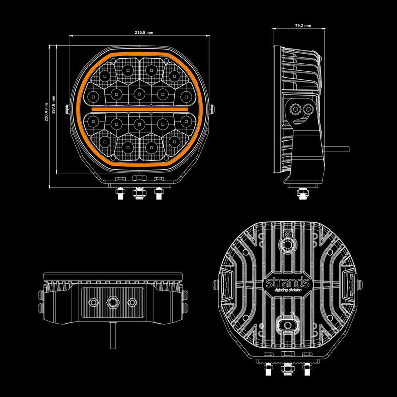 STRANDS BIG ENERGY 2.0 LED tālās gaismas lukturis, 132W, 12900Lm, 10–32V, 1lx pie 715m, E-mode/Xperience režīmi, balta/dzintarkrāsas pozīcijas gaisma, IP69K, 5700K, 3 gadu garantija