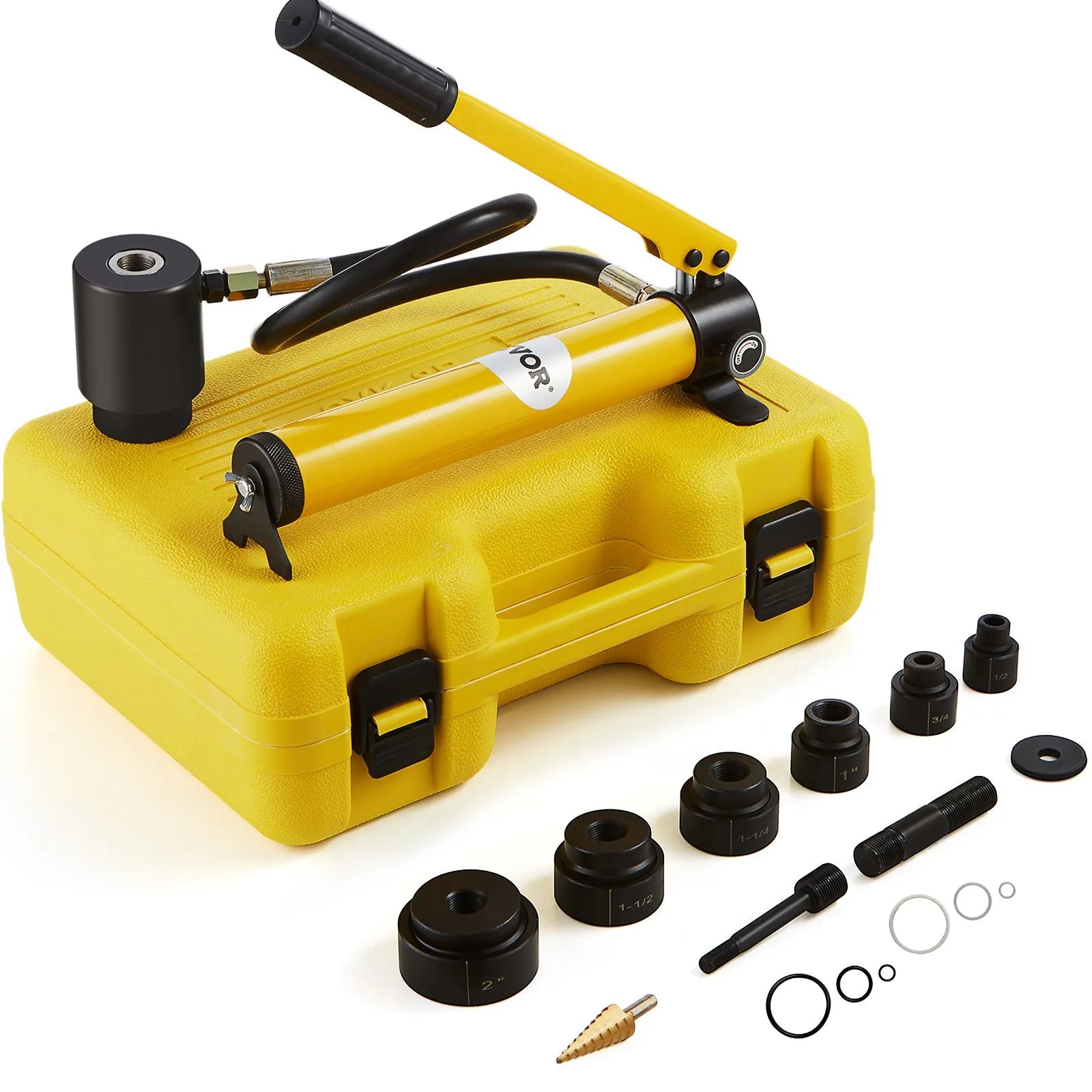 VEVOR 10 t hidrauliskais perforatora (knockout) komplekts, cauruļu caurumu griezēju komplekts 12,7–50,8 mm, 6 daļu KO instrumentu komplekts lokšņu metālam, alumīnijam, misiņam, nerūsējošajam tēraudam, stiklašķiedrai un plastmasai