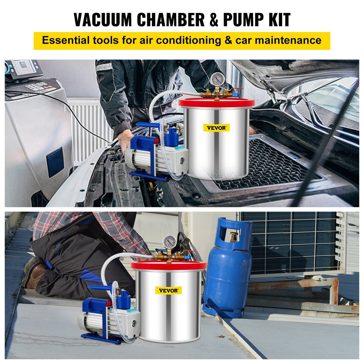 VEVOR vakuuma kamera ar vakuuma sūkni 18,9 l, 5 CFM (142 l/min), 1/3 ZS, vienpakāpes komplekts