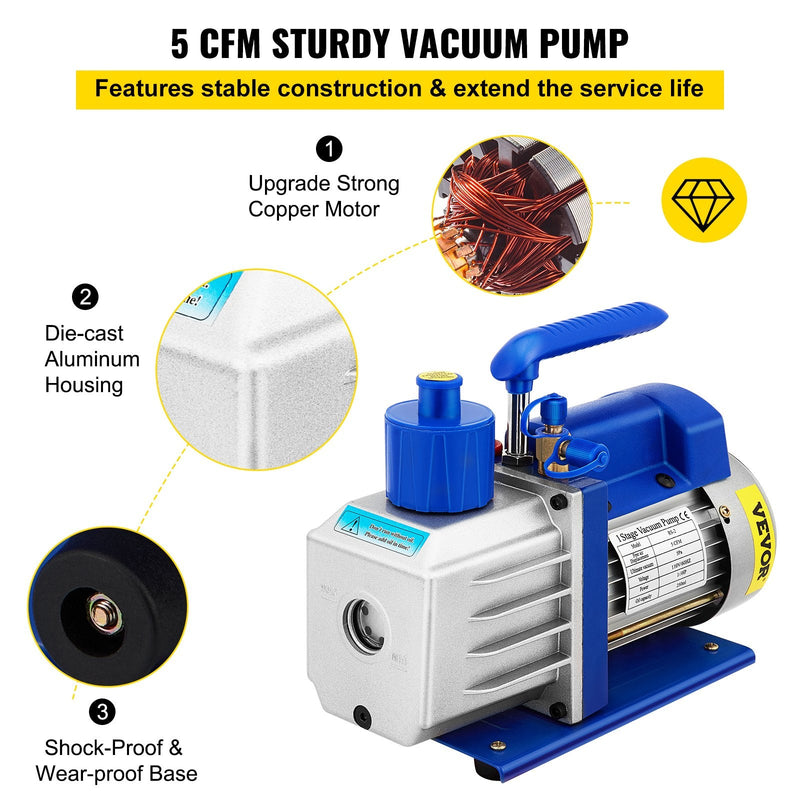 VEVOR vakuuma kamera ar vakuuma sūkni 18,9 l, 5 CFM (142 l/min), 1/3 ZS, vienpakāpes komplekts