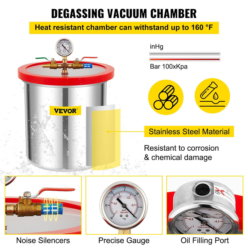 VEVOR vakuuma kamera ar vakuuma sūkni 18,9 l, 5 CFM (142 l/min), 1/3 ZS, vienpakāpes komplekts