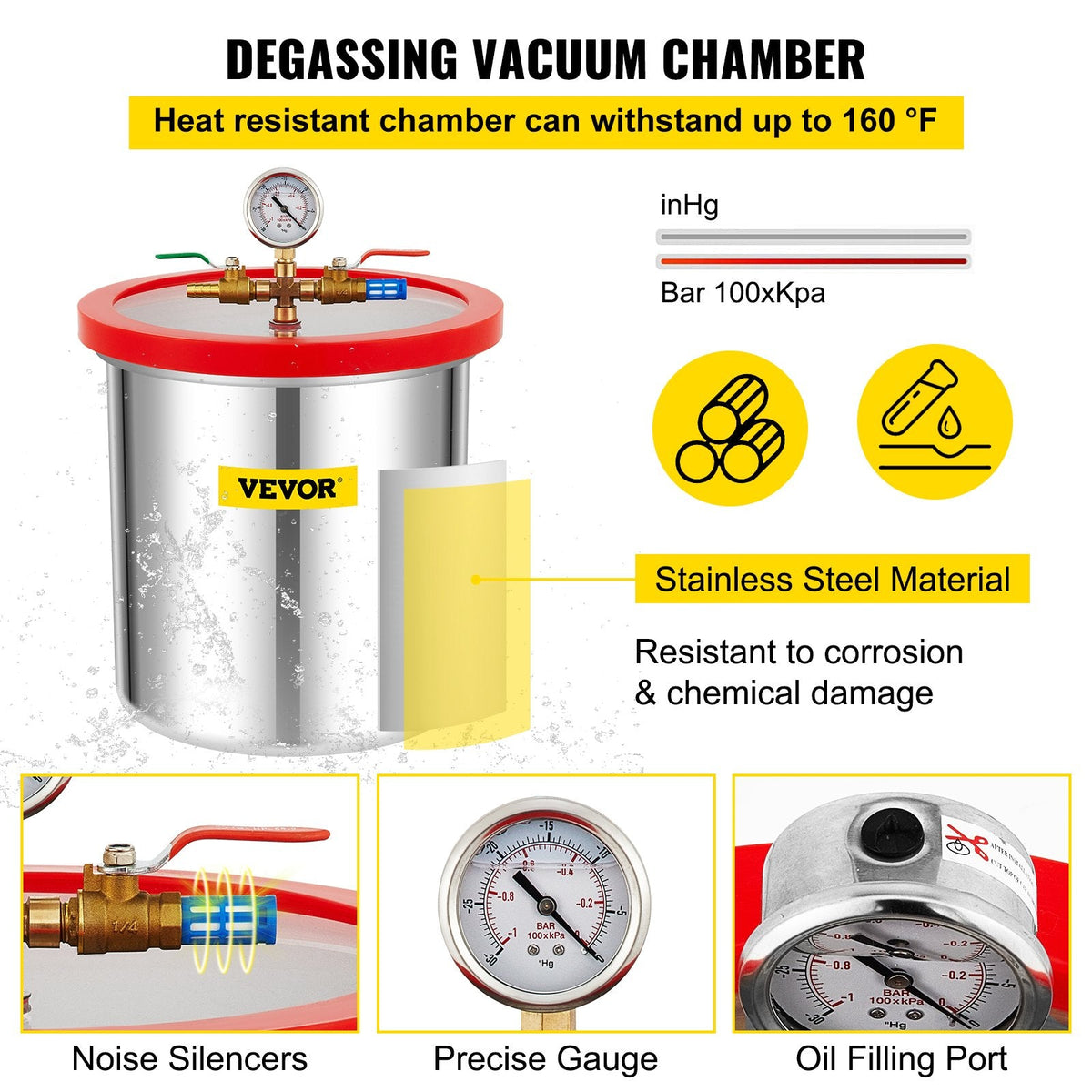 VEVOR vakuuma kamera ar vakuuma sūkni 18,9 l, 5 CFM (142 l/min), 1/3 ZS, vienpakāpes komplekts