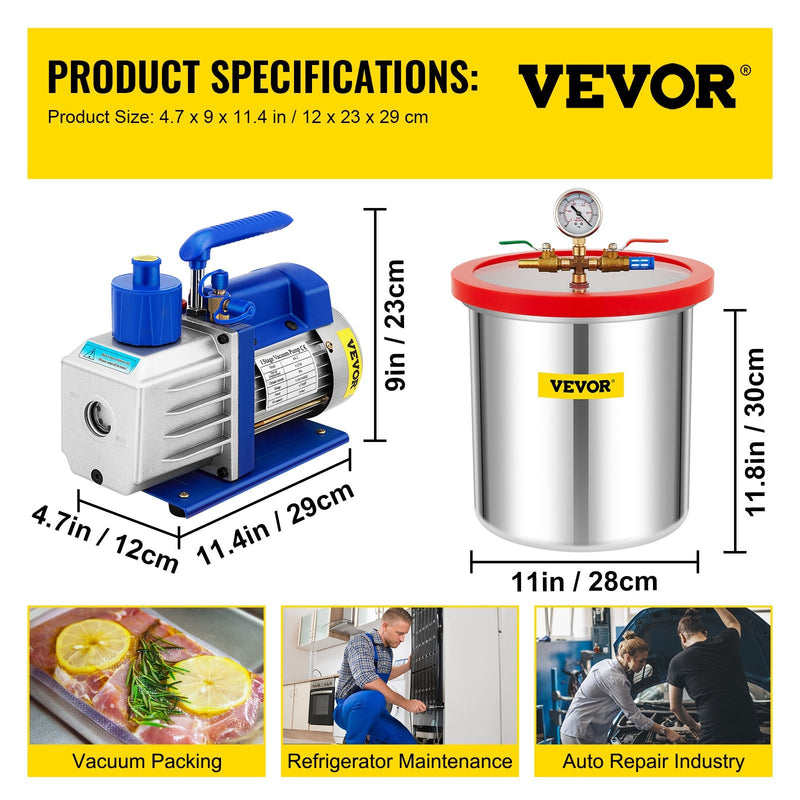 VEVOR vakuuma kamera ar vakuuma sūkni 18,9 l, 5 CFM (142 l/min), 1/3 ZS, vienpakāpes komplekts