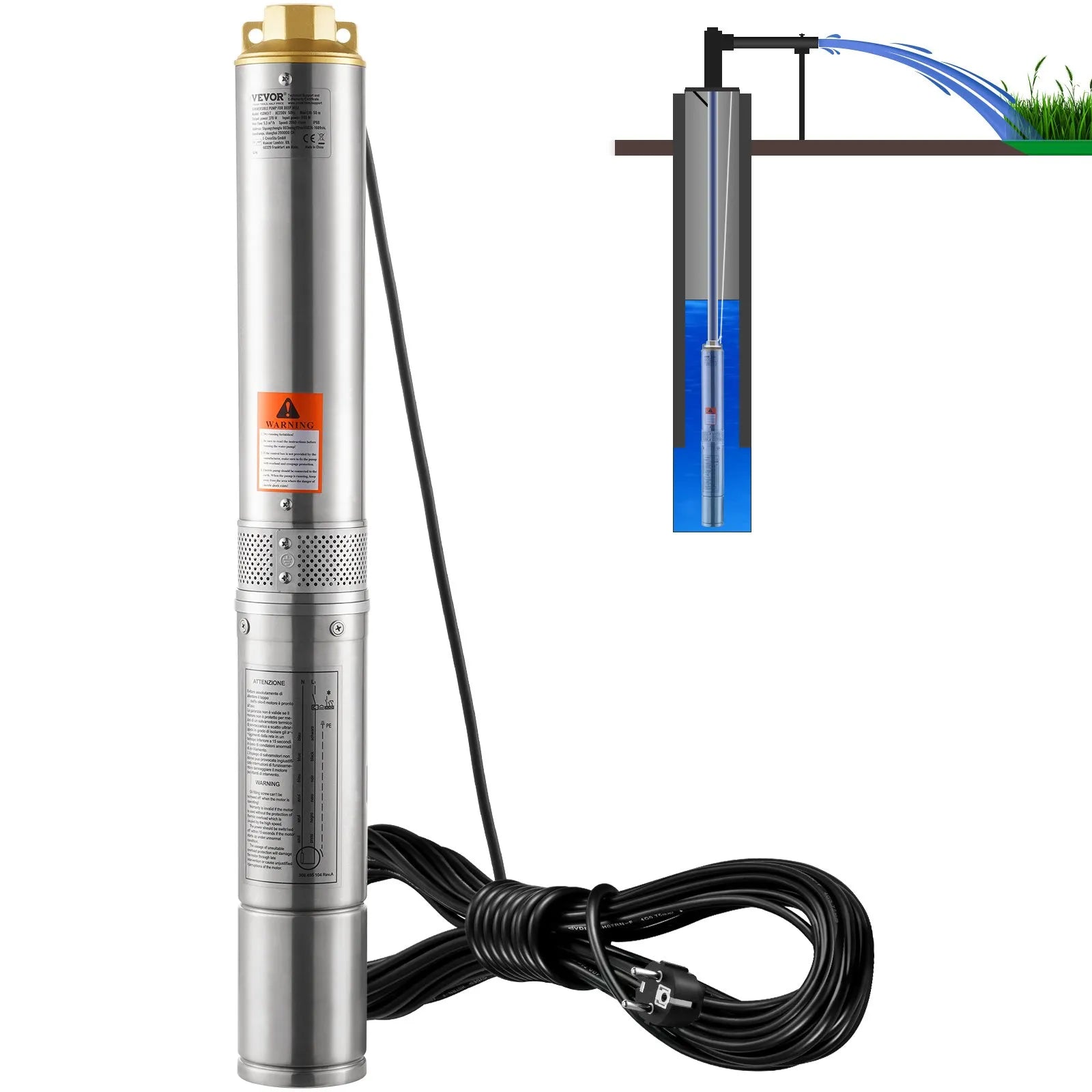 VEVOR dziļurbuma iegremdējamais sūknis 370 W, 230 V/50 Hz, plūsma līdz 5,3 m³/h, pacelšanas augstums līdz 50 m, 9,1 m elektriskais kabelis, nerūsējošā tērauda korpuss, IP68, rūpniecībai, apūdeņošanai un mājsaimniecībai