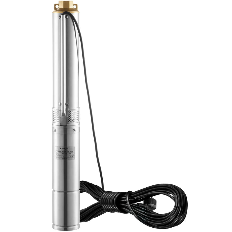 VEVOR dziļurbuma iegremdējamais sūknis 370 W, 230 V/50 Hz, plūsma līdz 5,3 m³/h, pacelšanas augstums līdz 50 m, 9,1 m elektriskais kabelis, nerūsējošā tērauda korpuss, IP68, rūpniecībai, apūdeņošanai un mājsaimniecībai