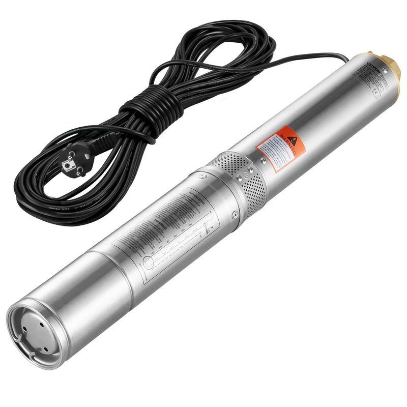 VEVOR dziļurbuma iegremdējamais sūknis 370 W, 230 V/50 Hz, plūsma līdz 5,3 m³/h, pacelšanas augstums līdz 50 m, 9,1 m elektriskais kabelis, nerūsējošā tērauda korpuss, IP68, rūpniecībai, apūdeņošanai un mājsaimniecībai