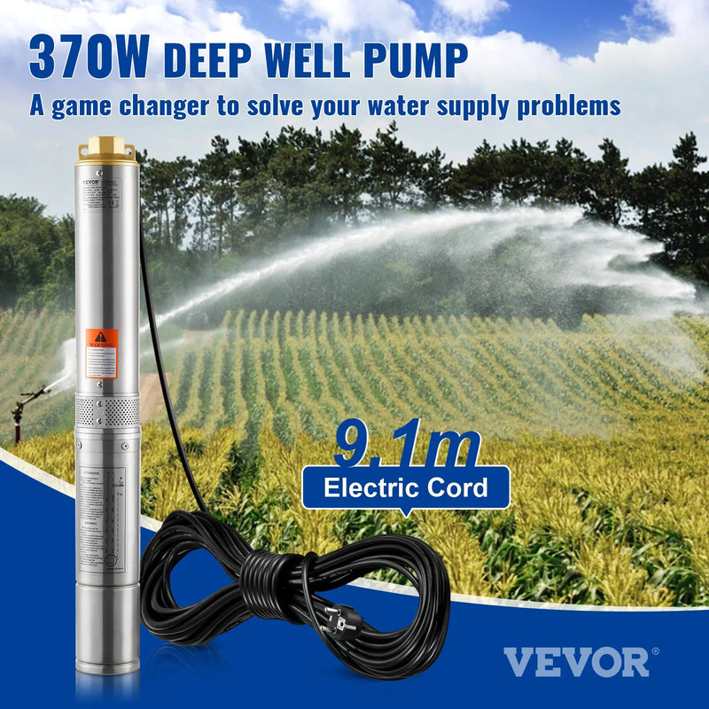 VEVOR dziļurbuma iegremdējamais sūknis 370 W, 230 V/50 Hz, plūsma līdz 5,3 m³/h, pacelšanas augstums līdz 50 m, 9,1 m elektriskais kabelis, nerūsējošā tērauda korpuss, IP68, rūpniecībai, apūdeņošanai un mājsaimniecībai