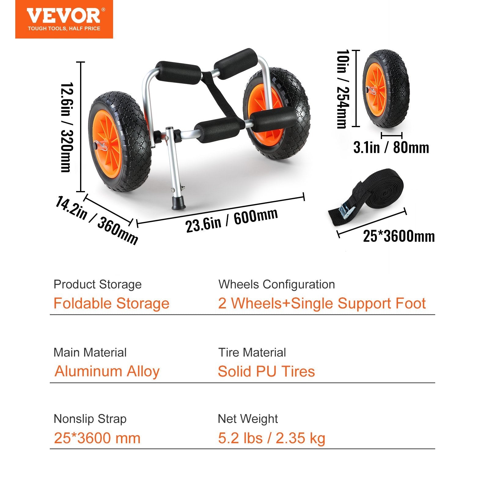 VEVOR kajaka rati 113 kg, salokāmi, 254 mm pilnriepu riteņi, neslīdošs balsts, stiprinājuma siksna