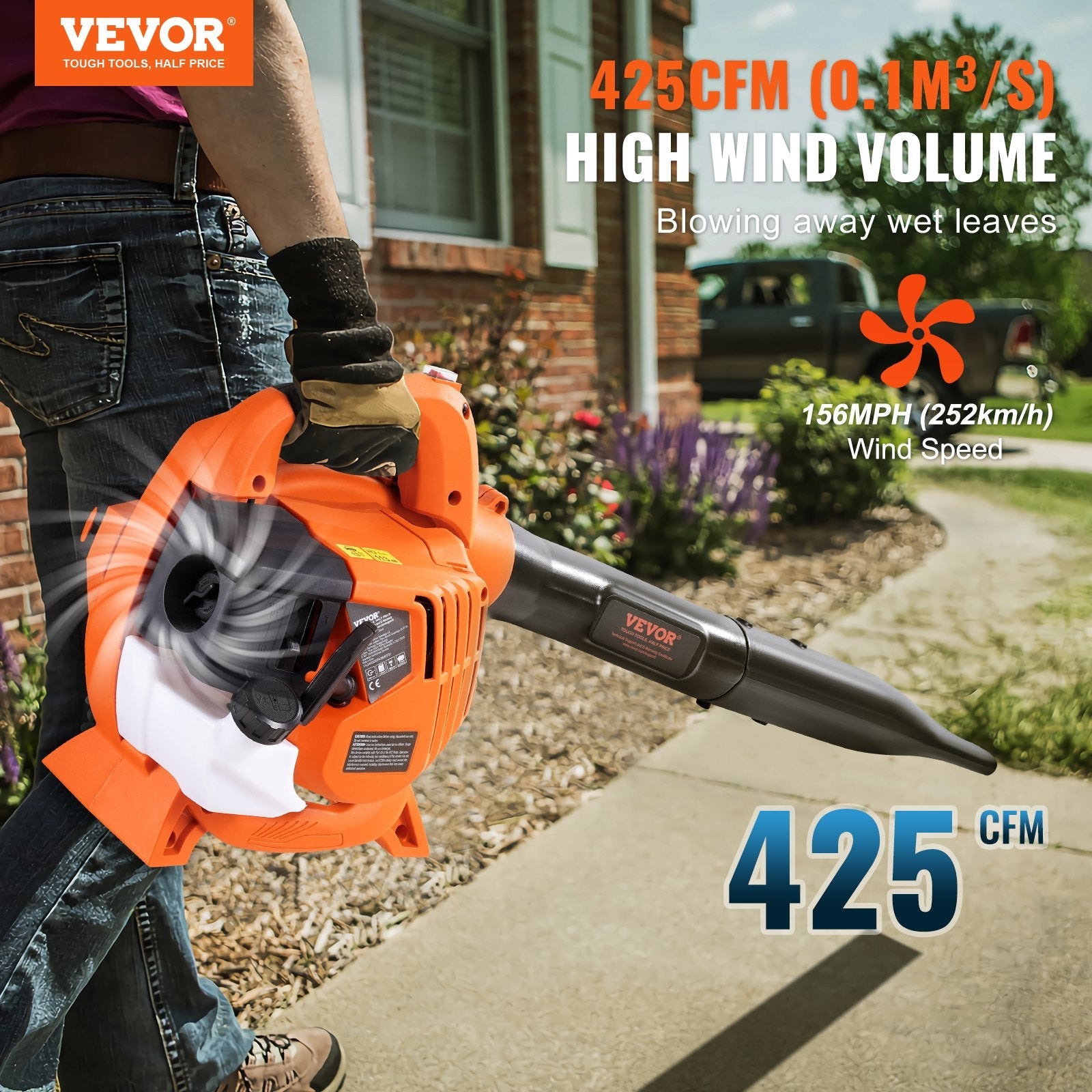 VEVOR benzīna rokas lapu pūtējs ar 26 cm³ divtaktu dzinēju, 2 in 1 funkcija, gaisa plūsma 722 m³/h, gaisa ātrums 70 m/s, piemērots zāliena kopšanai, lapu un sniega tīrīšanai