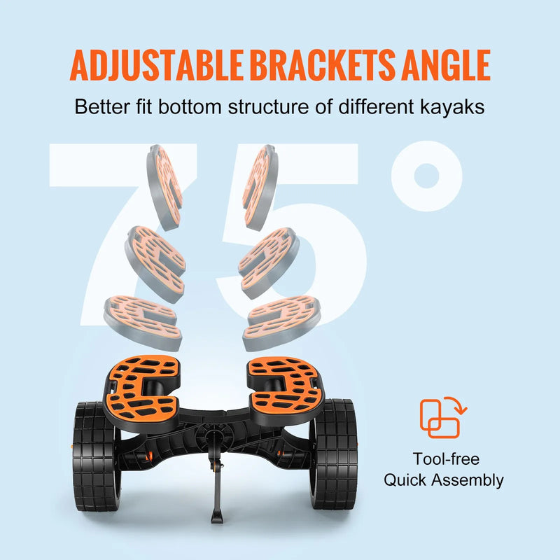 VEVOR smagās slodzes kajaka rati, kravnesība 145 kg, noņemami, ar 254 mm pilnriepu riteņiem, regulējamiem stiprinājumiem un neslīdošu balsta kāju, piemēroti kajakiem, kanoe, SUP dēļiem, peldošajiem paklājiem un plakandibenēm