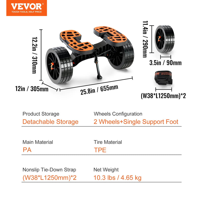 VEVOR smagās slodzes kajaka rati, kravnesība 145 kg, noņemami, ar 254 mm pilnriepu riteņiem, regulējamiem stiprinājumiem un neslīdošu balsta kāju, piemēroti kajakiem, kanoe, SUP dēļiem, peldošajiem paklājiem un plakandibenēm