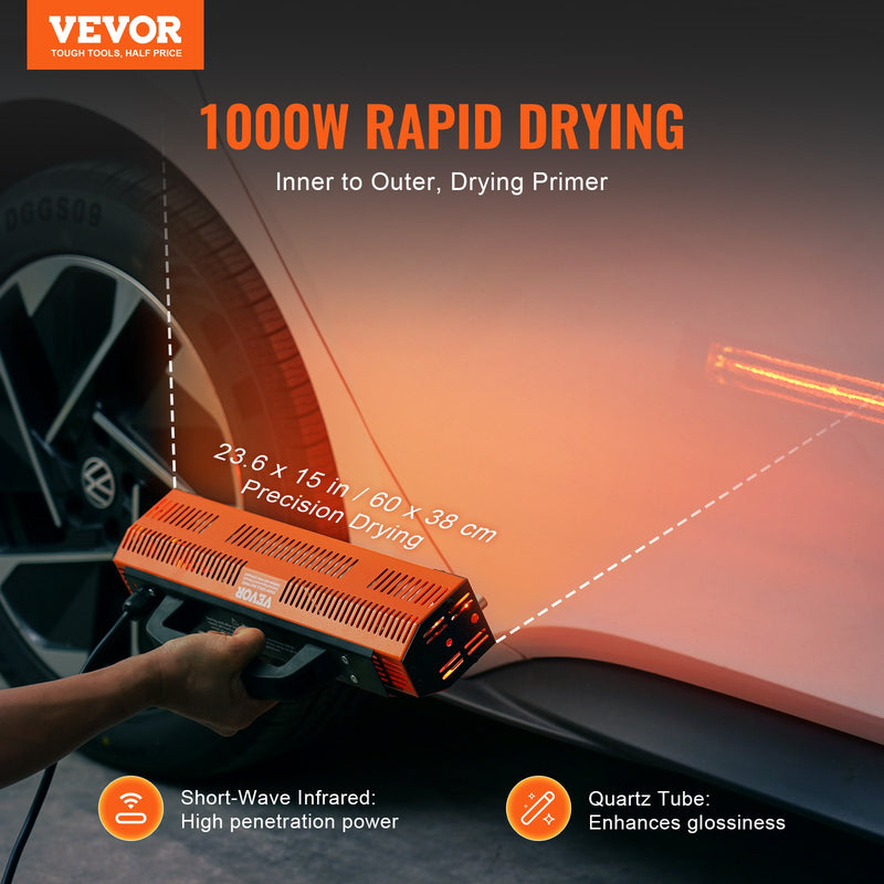 VEVOR 1000W käeshoitav infrapunavärvikuivatuslamp on suure jõudlusega seade, mis on mõeldud autokere värvide, kruntvärvide ja muude pinnakatete kiireks ja tõhusaks kuivatamiseks.